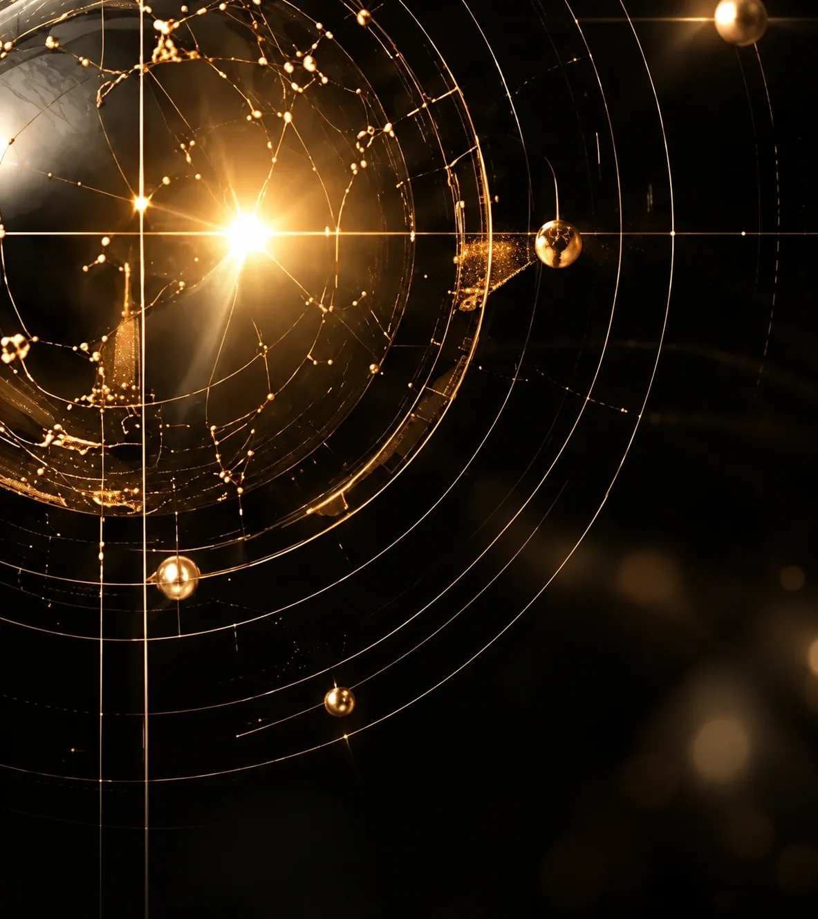 A glowing gold and silver sphere inside orbiting rings