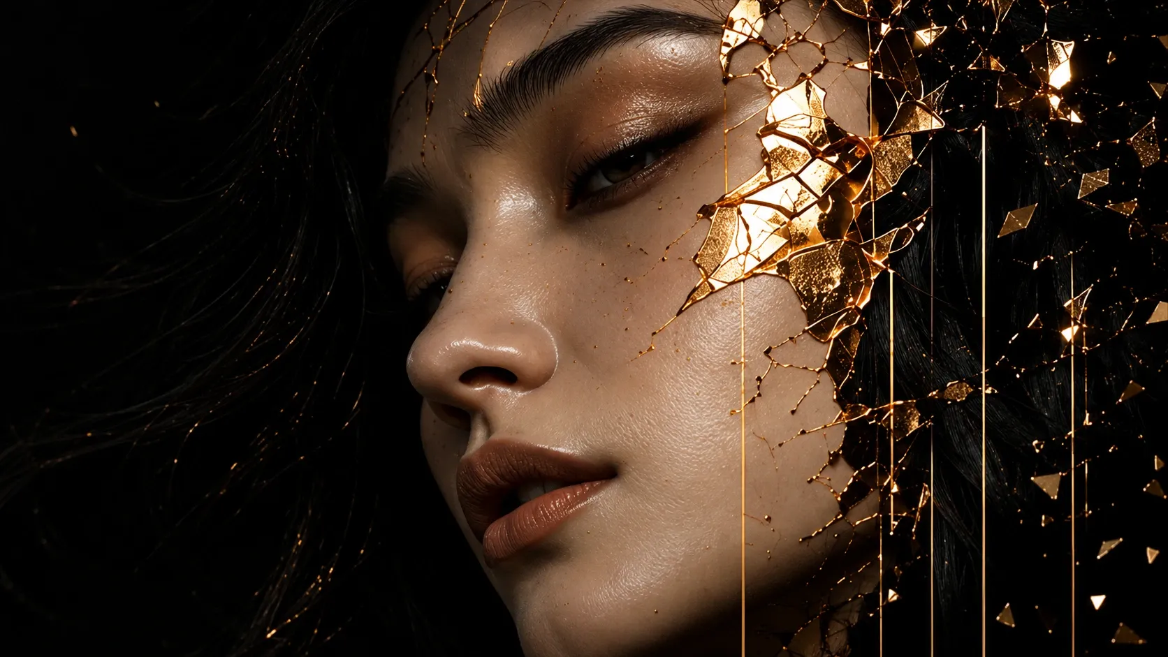A woman's face fractured with gold leaf